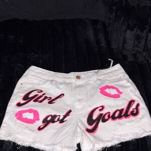 YMC White and Pink Graphic Jean Shorts